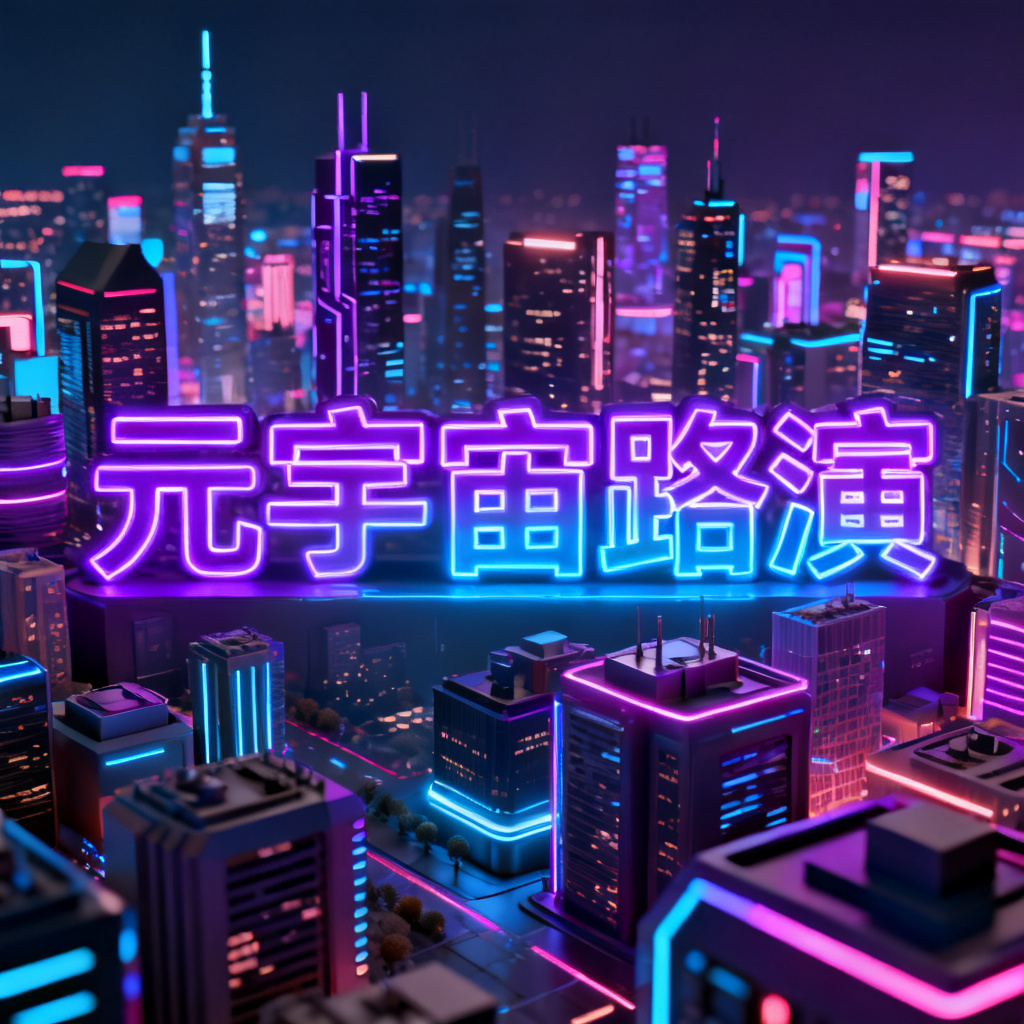 赛博朋克风格的元宇宙路演PPT封面,霓虹灯光与城市天际线,3D效果,细节丰富