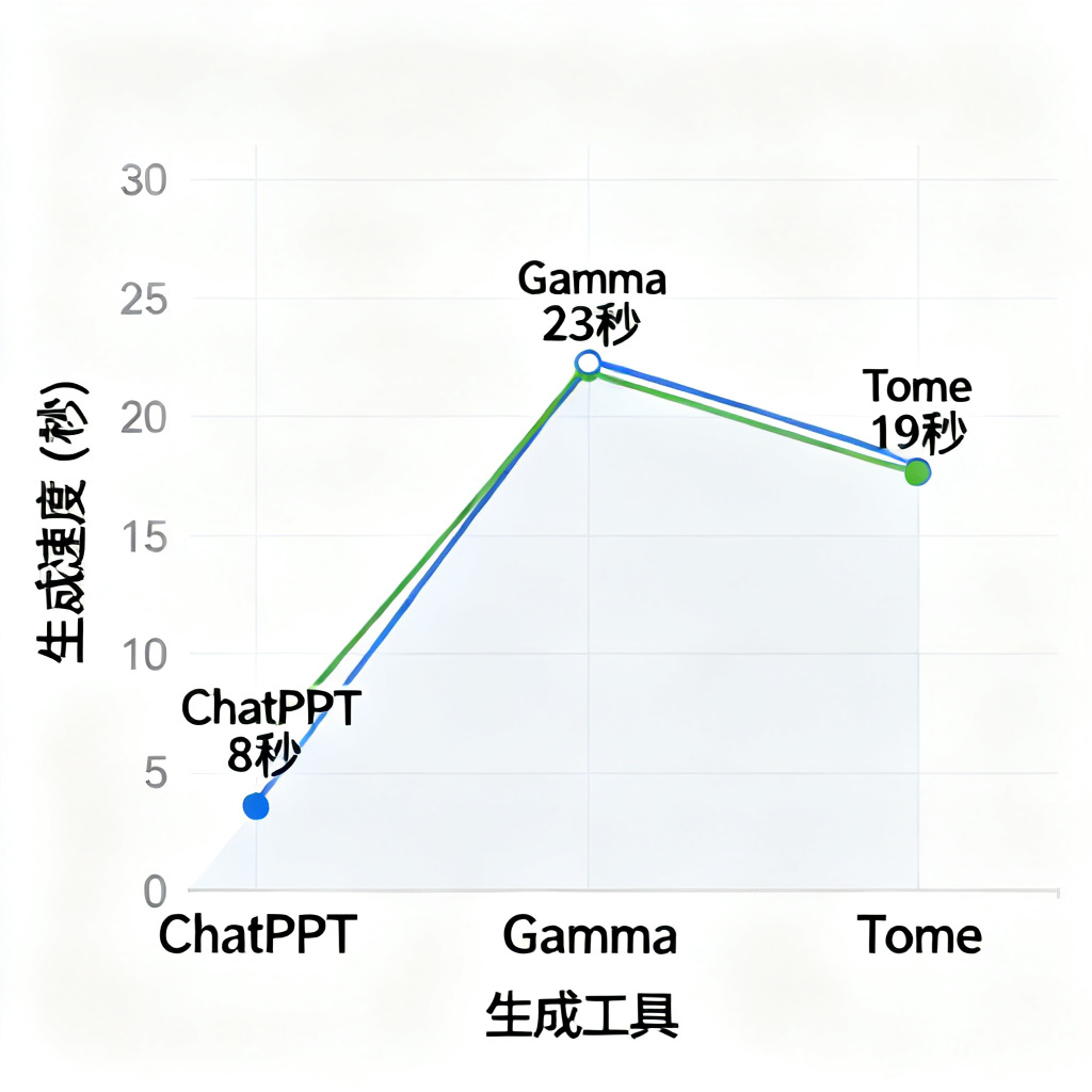 一张折线图,显示ChatPPT的生成速度(秒)与Gamma、Tome对比,ChatPPT明显更快,数据标签:ChatPPT 8秒,Gamma 23秒,Tome 19秒。