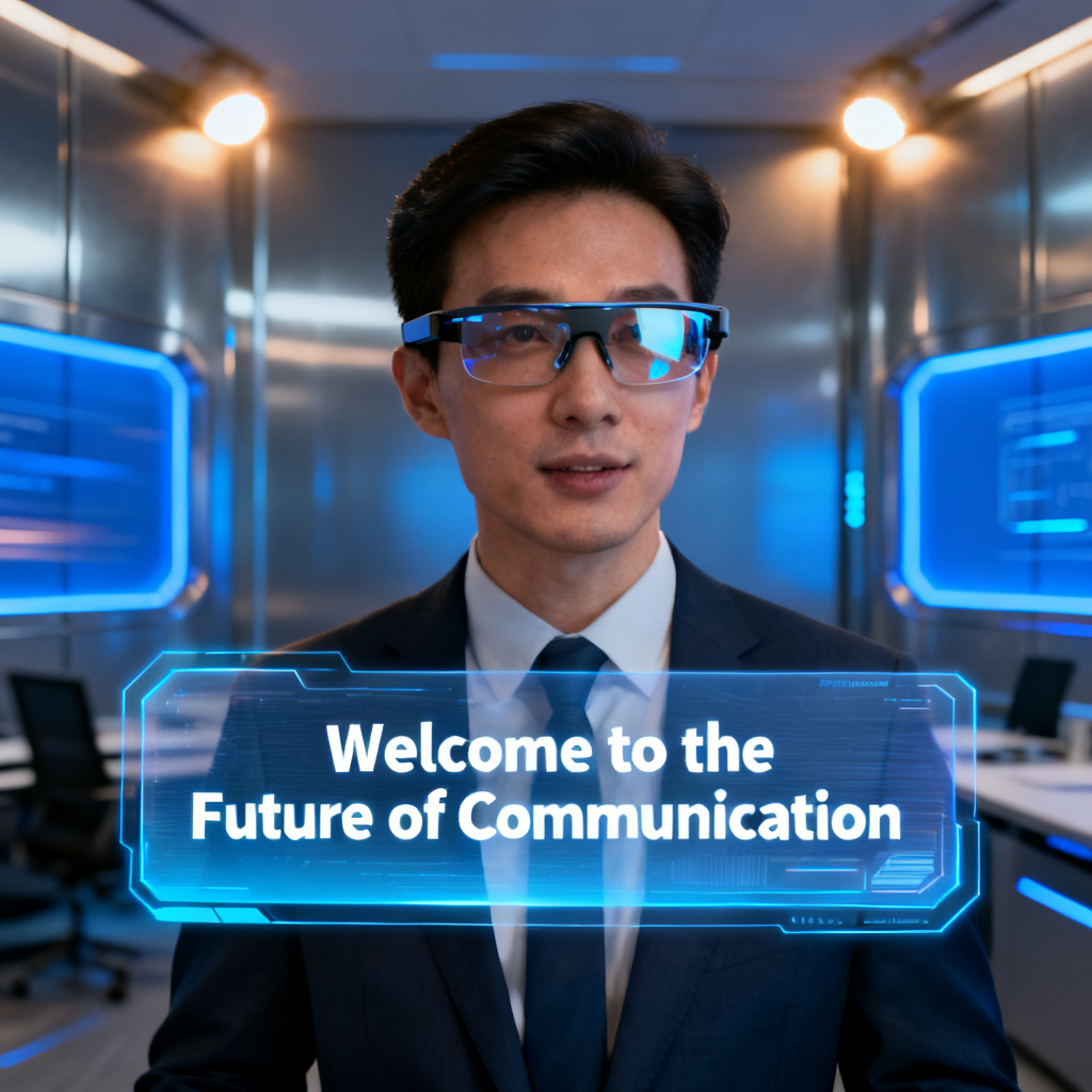 A professional presenter using a smart glasses display, with a holographic teleprompter showing the speech text, futuristic office background, high detail, cinematic lighting