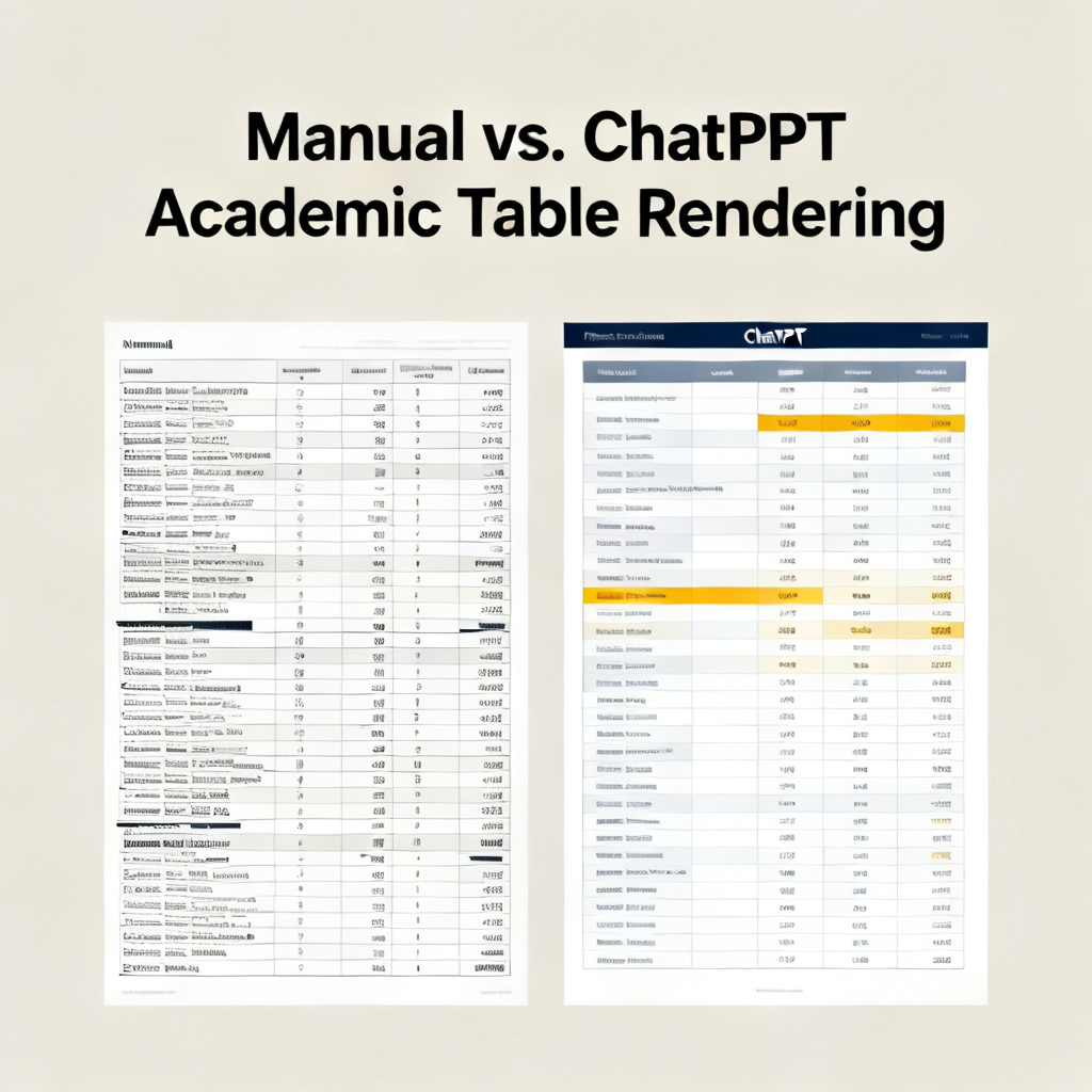 A side-by-side comparison of an academic data table. The left side shows a manually created table with misaligned columns, inconsistent font sizes, and cramped data. The right side shows the same table rendered by ChatPPT, with perfectly aligned columns, highlighted key values, and a clean, professional layout. The caption reads: “Manual vs. ChatPPT Academic Table Rendering”.