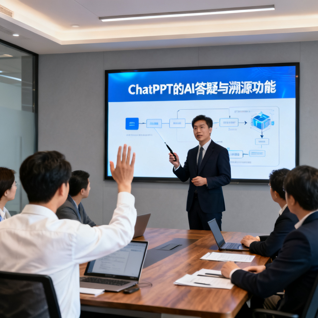 一个职场人士在会议室中自信地进行路演,背后大屏幕显示ChatPPT的AI答疑与溯源功能,听众在提问