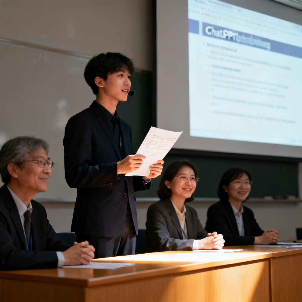 答辩现场,学生自信地使用ChatPPT生成的逐字稿进行演讲,评委点头认可