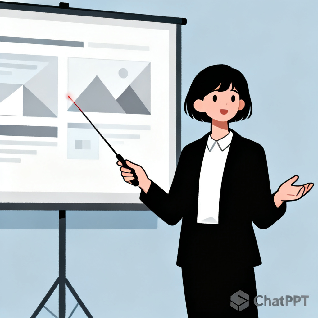 A minimalist illustration of a PhD student confidently presenting a PPT, with a subtle ChatPPT logo in the corner.