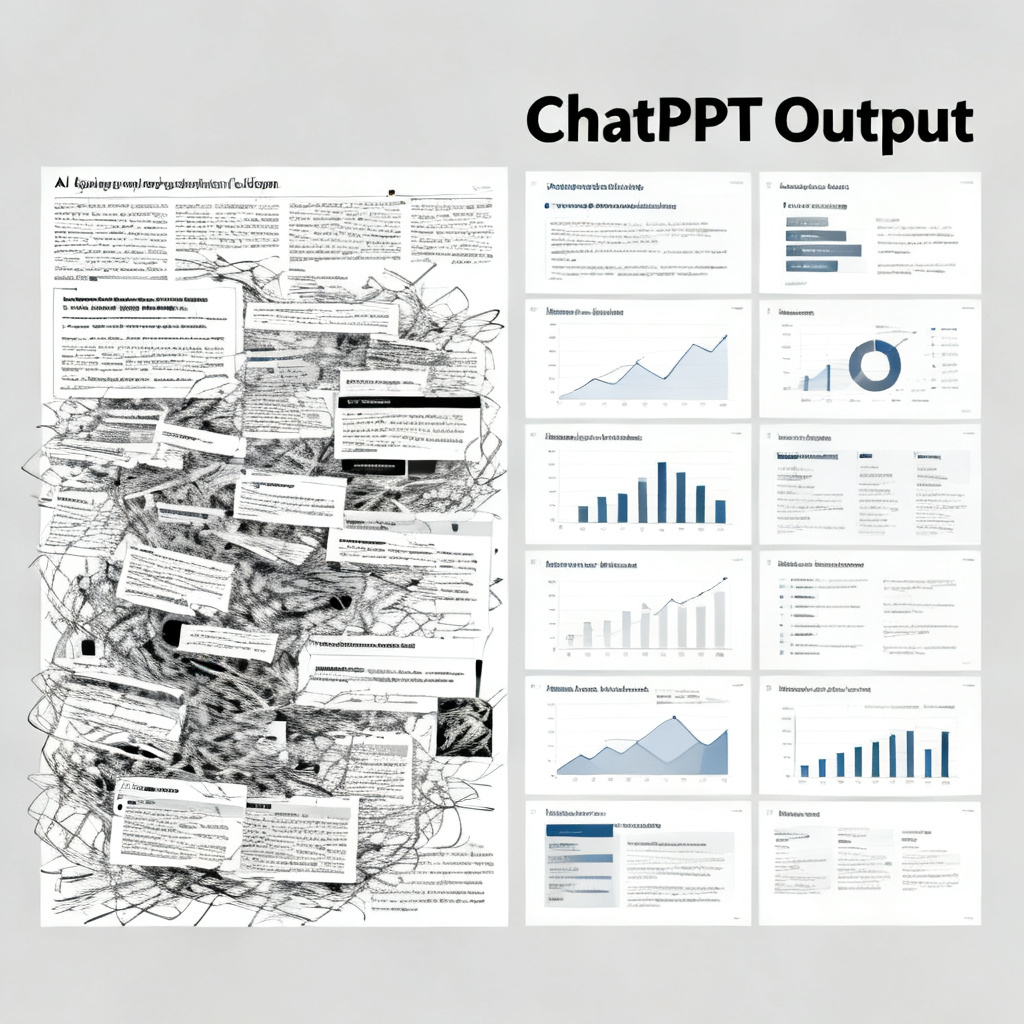 A split-screen comparison showing a messy, chaotic AI-generated academic slide on the left, and a clean, well-structured slide with clear data visualization and proper formatting on the right, labeled "ChatPPT Output"