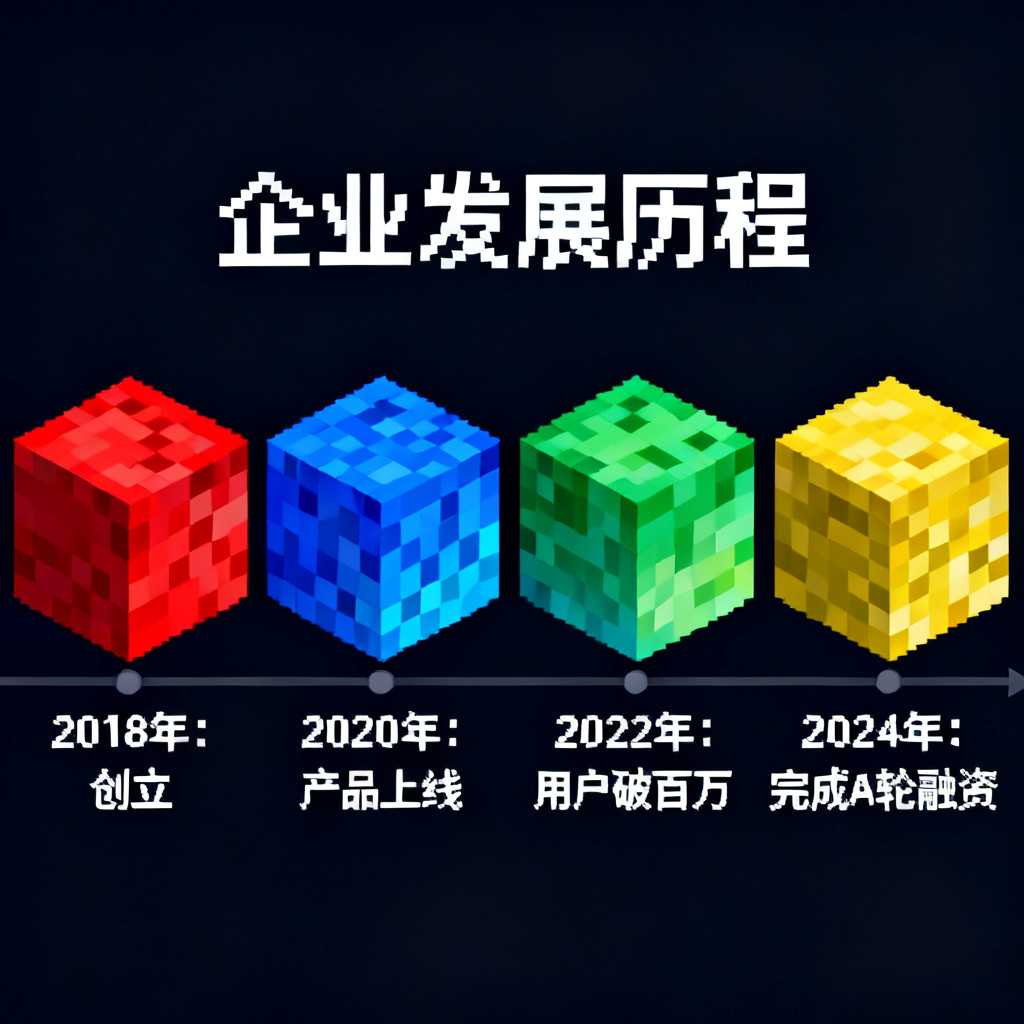 我的世界像素风格的企业发展历程时间轴，方块元素，低多边形纹理，像素字体