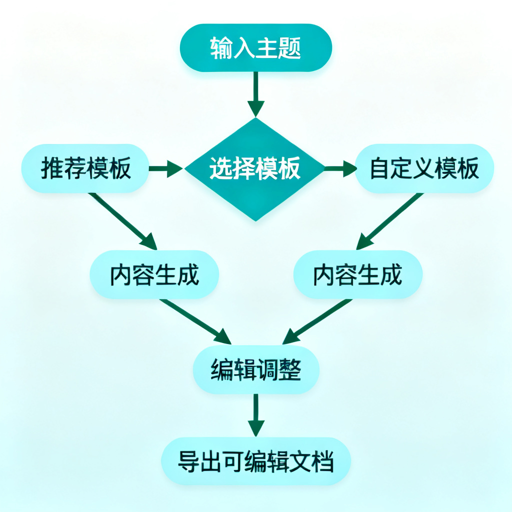 一张展示ChatPPT生成PPT全过程的流程图，从输入主题到最终可编辑文档