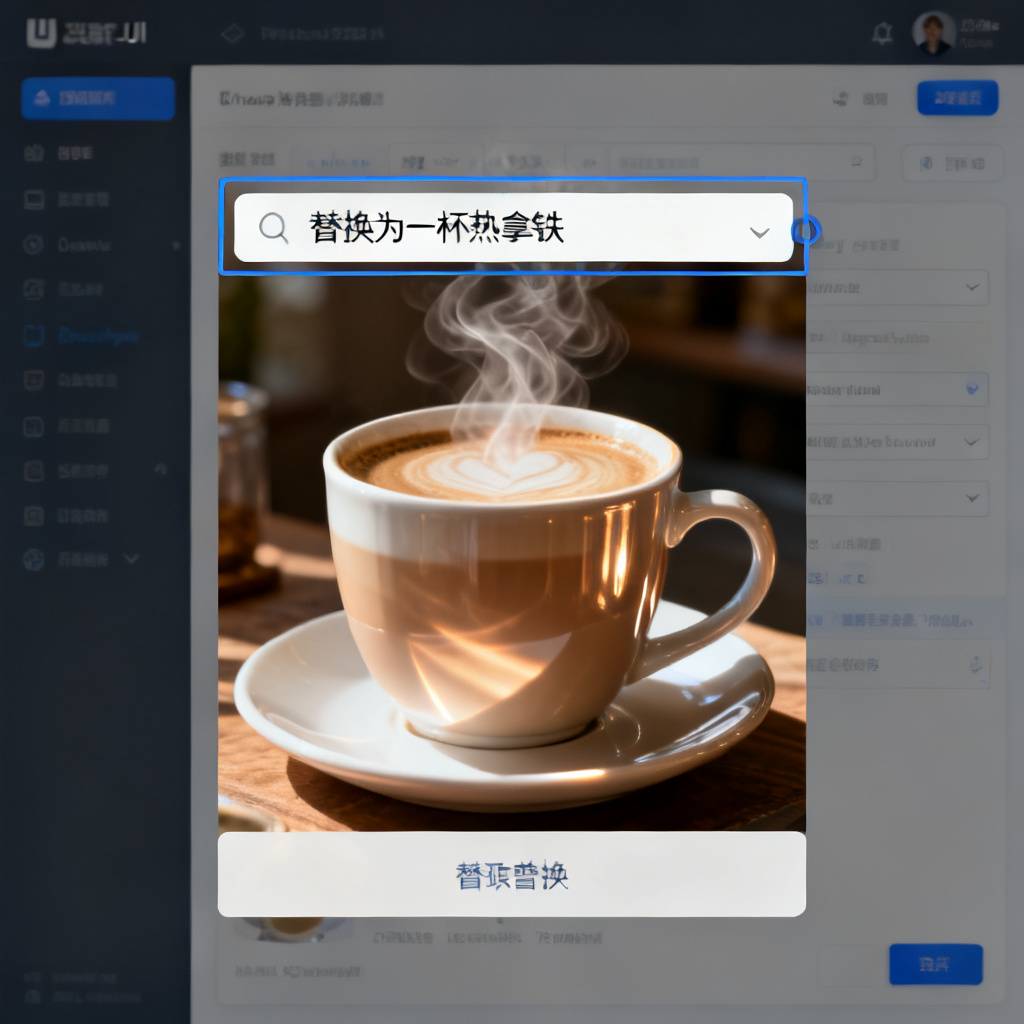 展示Magic涂画功能：用户框选页面中的一杯奶茶，输入“替换为一杯热拿铁”，AI生成替换后的效果，奶茶杯被替换为咖啡杯，蒸汽效果与原有光影风格完美融合，背景元素未受影响。
