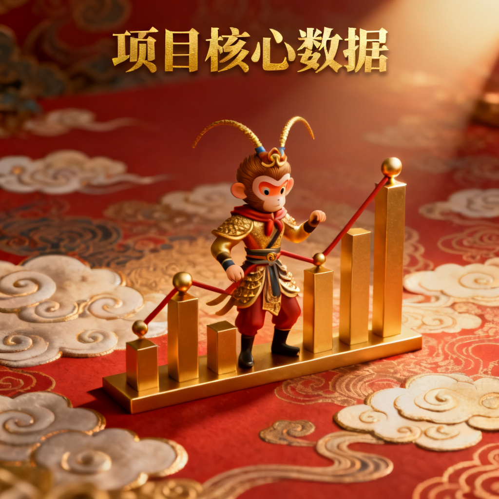 3D西游记风格的商业计划书内页,孙悟空形象作为图表元素,中国风纹理背景,金色与红色配色