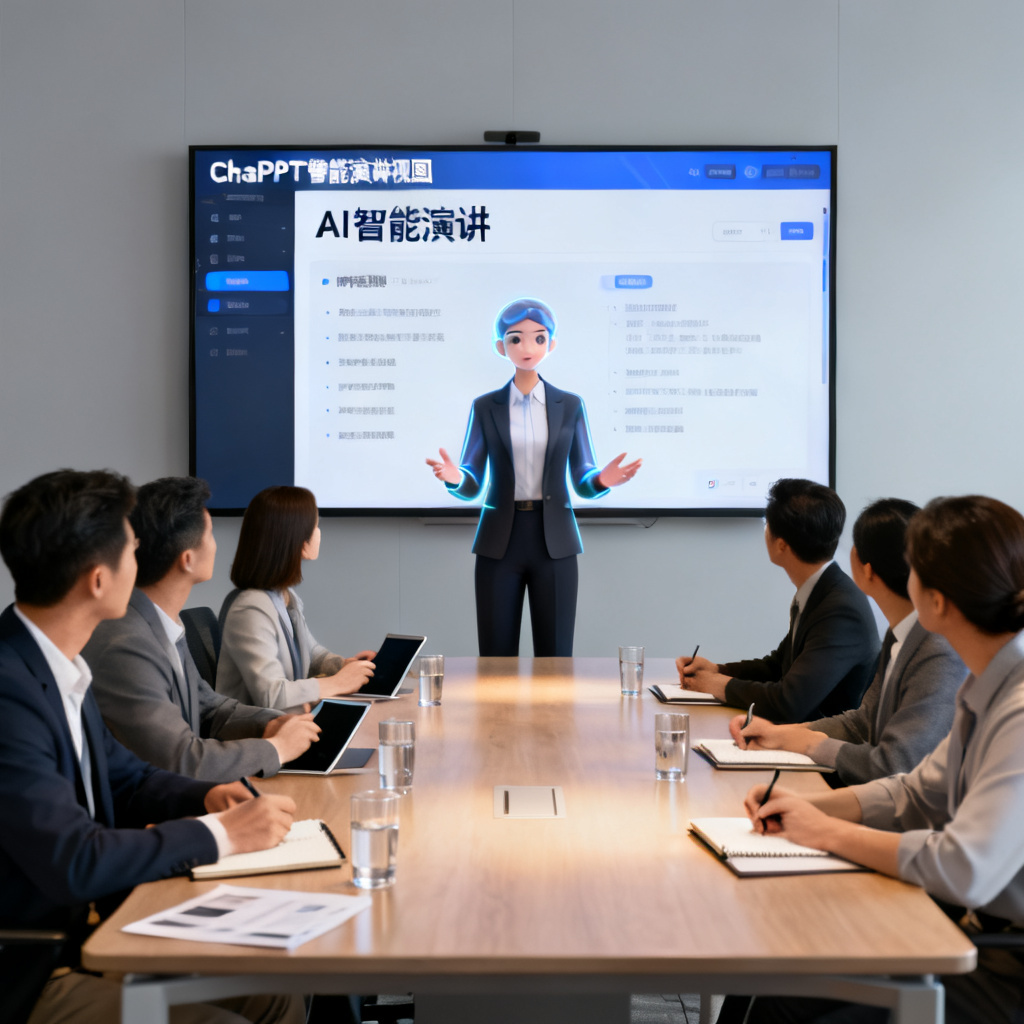 一群人围坐在会议室，大屏幕显示ChatPPT的智能演讲视图，数字人正在流畅讲解，观众专注记录