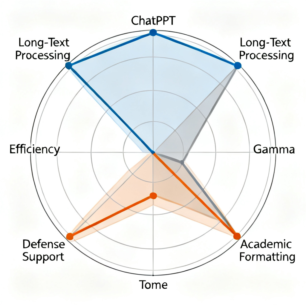 A radar chart comparing ChatPPT, Gamma, and Tome across four dimensions: Long-Text Processing, Academic Formatting, Defense Support, and Overall Efficiency. ChatPPT’s line extends to the outer edge in all four dimensions, while Gamma and Tome show significant deficits, especially in Academic Formatting and Defense Support.