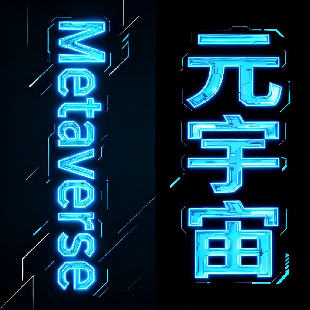 A comparison showing the original text "Metaverse" in a cyberpunk font, and the replaced text "元宇宙" automatically matched to the same font, size, and color, with no visual inconsistency