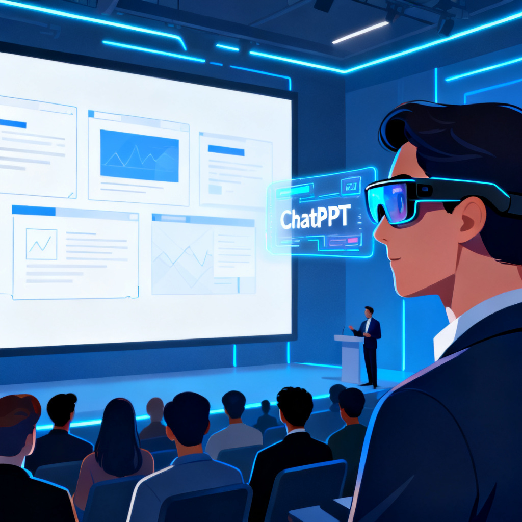 A futuristic illustration showing a presenter wearing AR smart glasses, with the ChatPPT interface projected onto the lenses as a teleprompter, while the audience sees the normal slides on a large screen.