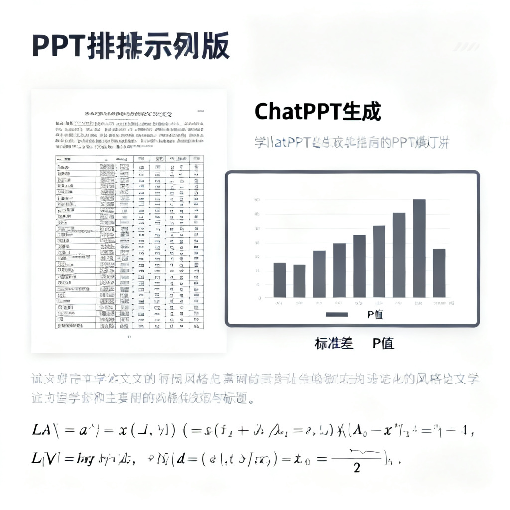 一张展示学术PPT排版的示例图。左侧是一张包含复杂数据表格的原始论文页面，右侧是ChatPPT生成的PPT幻灯片，其中数据已被转化为清晰的柱状图，图表下方附有标准差和P值标注；页面底部是一组LaTeX公式，字体清晰，排版整齐。整体背景为白色，文字为深灰色，体现学术风格。