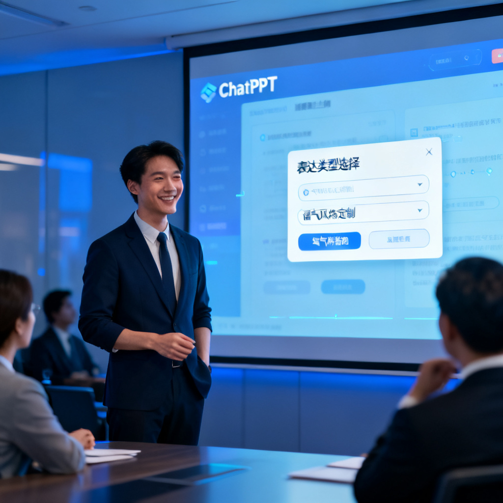 一位职场人士站在会议室里，面前是投影屏幕显示ChatPPT的演讲稿生成界面，界面中突出显示“表达类型选择”和“语气风格定制”选项，人物表情自信，背景是模糊的同事和领导，整体色调为科技蓝