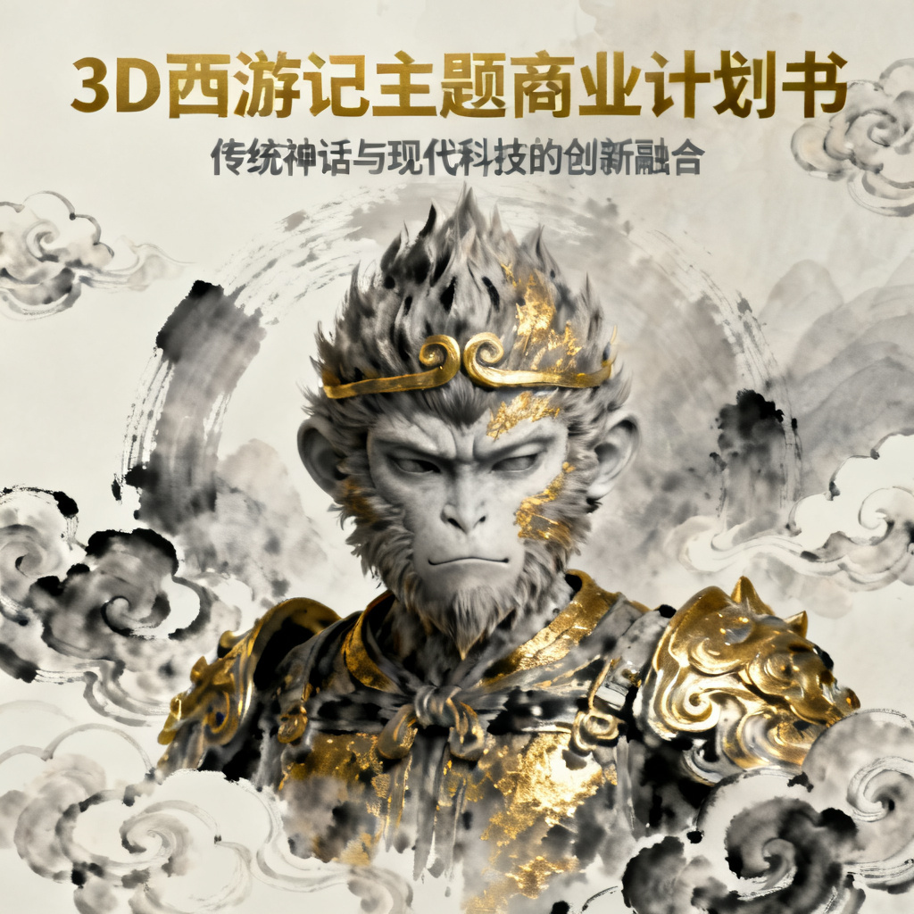 3D西游记风格商业计划书,孙悟空形象,水墨与3D结合,金色纹理,祥云装饰