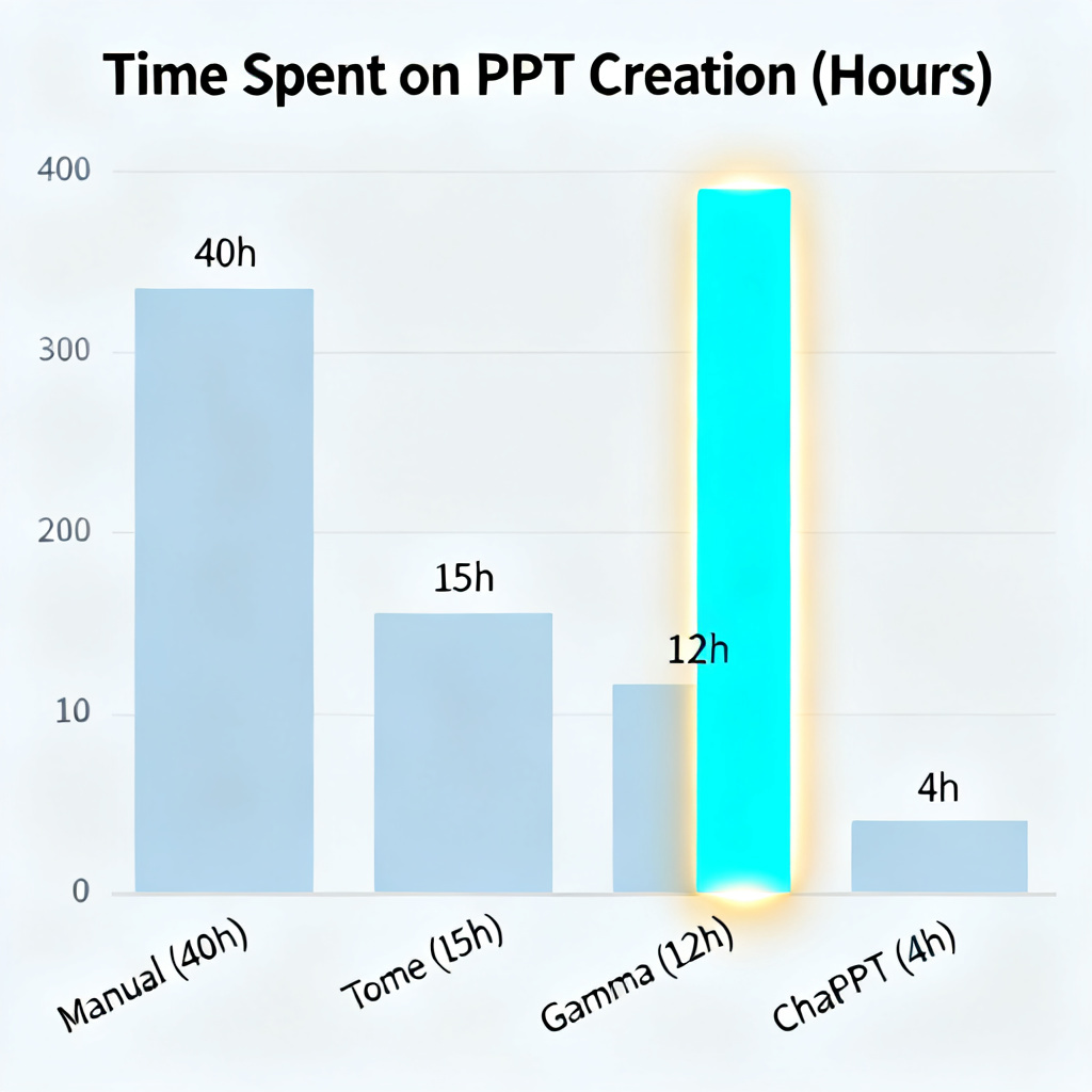 A comparison bar chart titled 'Time Spent on PPT Creation (Hours)' with bars labeled 'Manual (40h)', 'Tome (15h)', 'Gamma (12h)', 'ChatPPT (4h)', highlighting ChatPPT's efficiency with a glowing effect on its bar