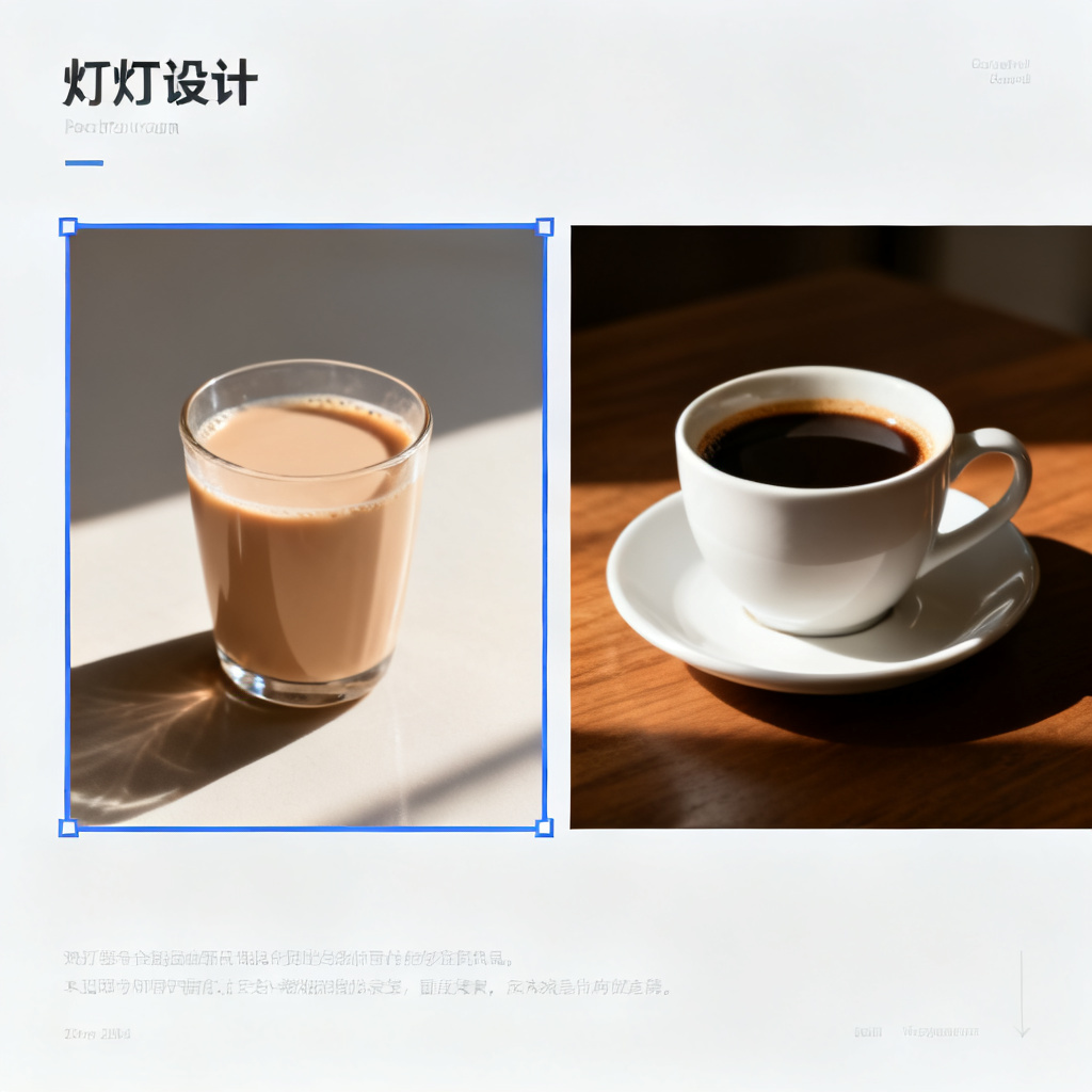 幻灯片局部重绘的对比效果图,左侧框选区域是一杯奶茶,右侧替换为一杯咖啡,两者在光影、阴影和色彩上完美融合,页面其他元素保持不变