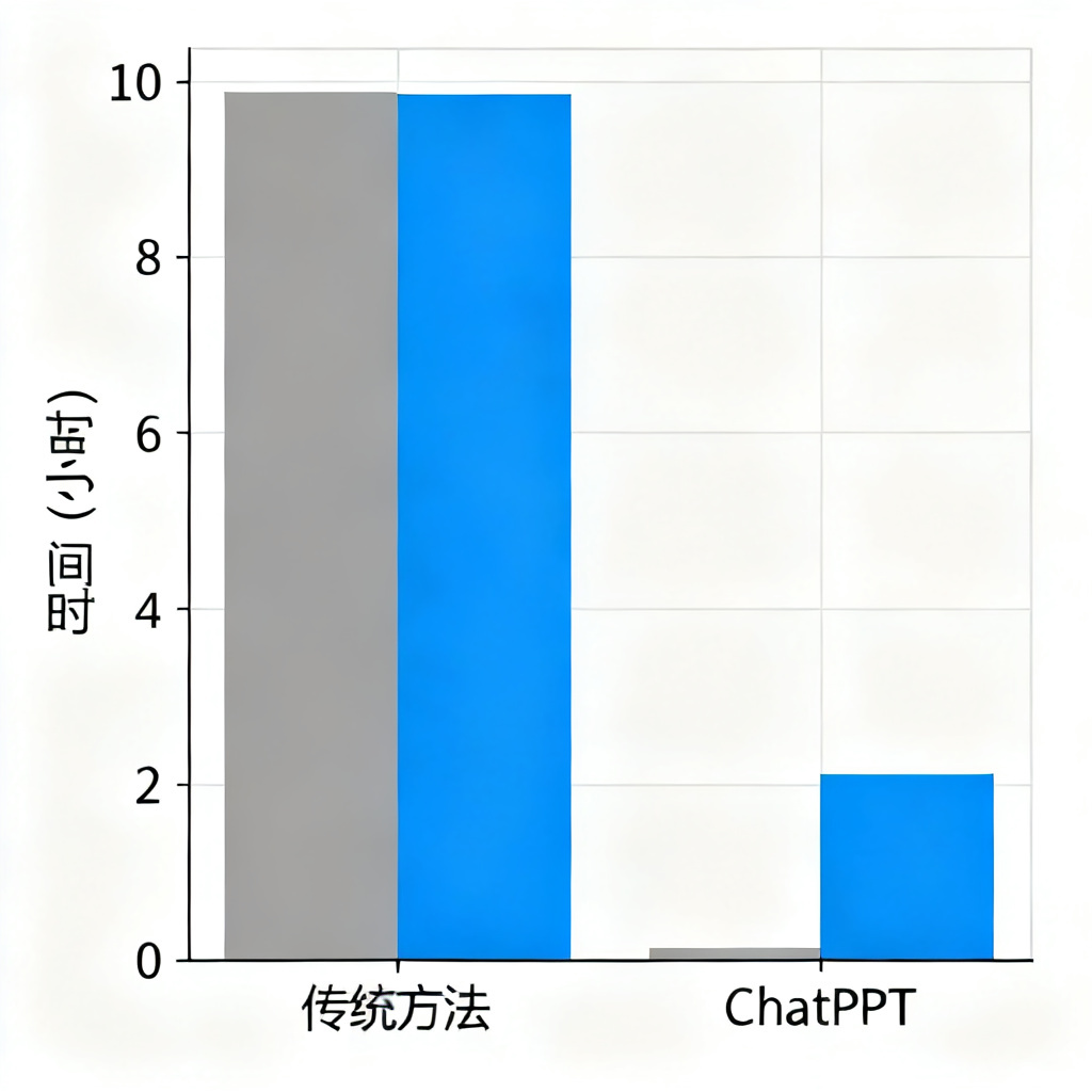 一个柱状图,横轴为“传统方法”和“ChatPPT”,纵轴为“时间(小时)”,传统方法柱形高10,ChatPPT柱形高2。柱形颜色分别为灰色和蓝色。