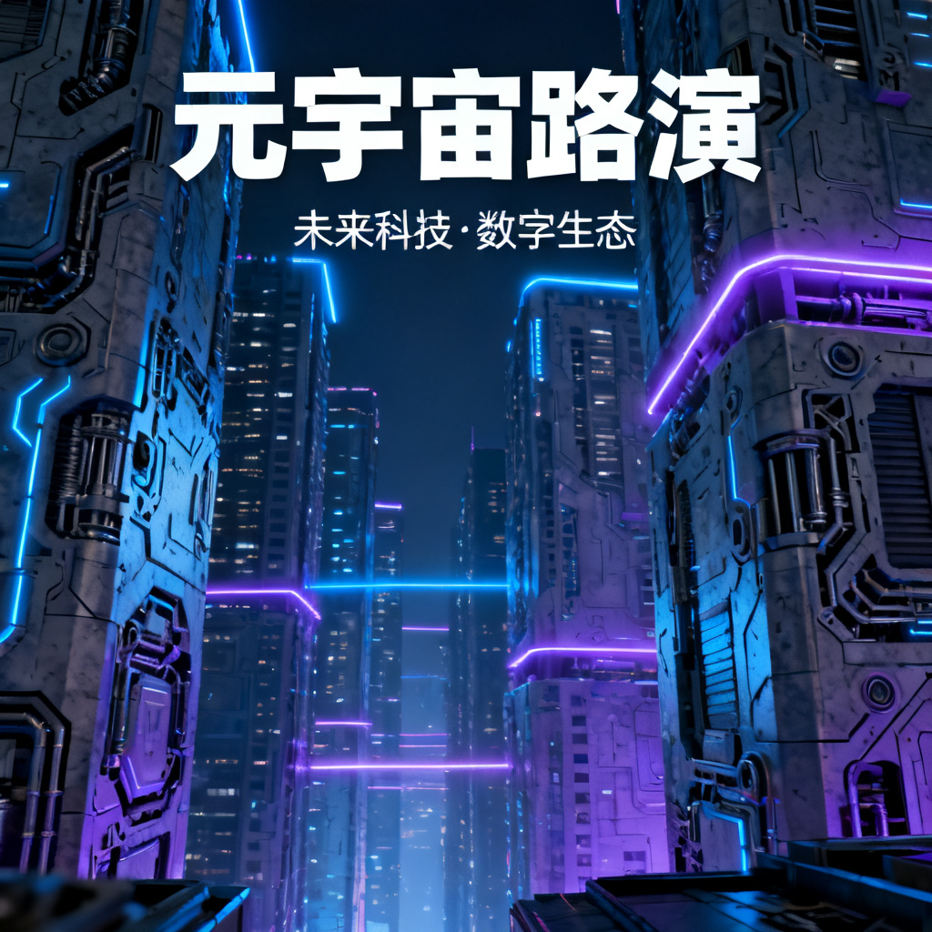 赛博朋克风格元宇宙路演PPT封面，霓虹灯光与机械质感，高楼林立，蓝色紫色色调
