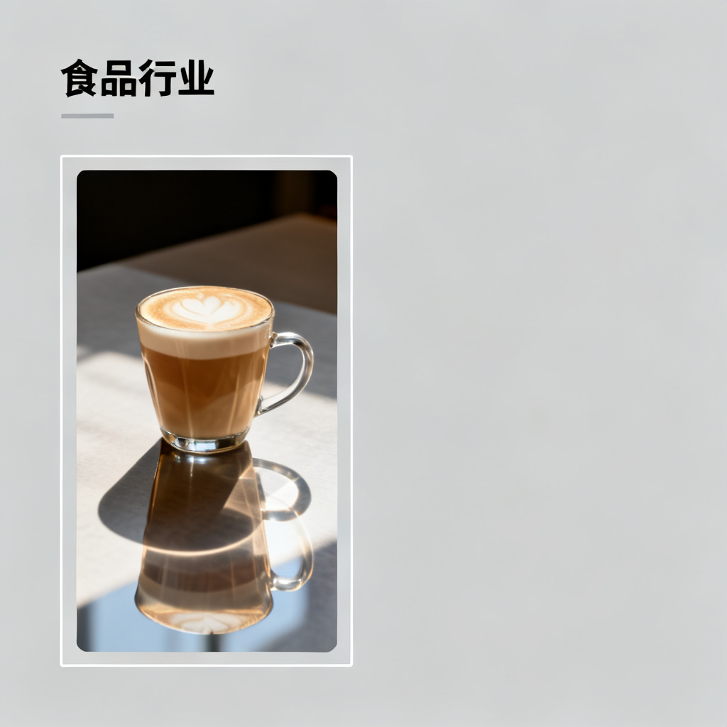 一张食品行业PPT页面，左侧框选区域显示奶茶被替换为拿铁咖啡，光影与桌面倒影自然融合