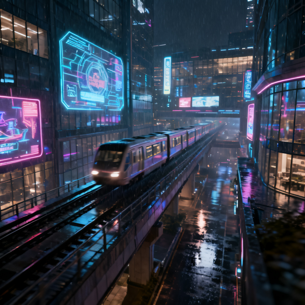 赛博朋克风格的城市夜景，霓虹灯与全息广告牌交织，3D渲染，高对比度，电影级光影