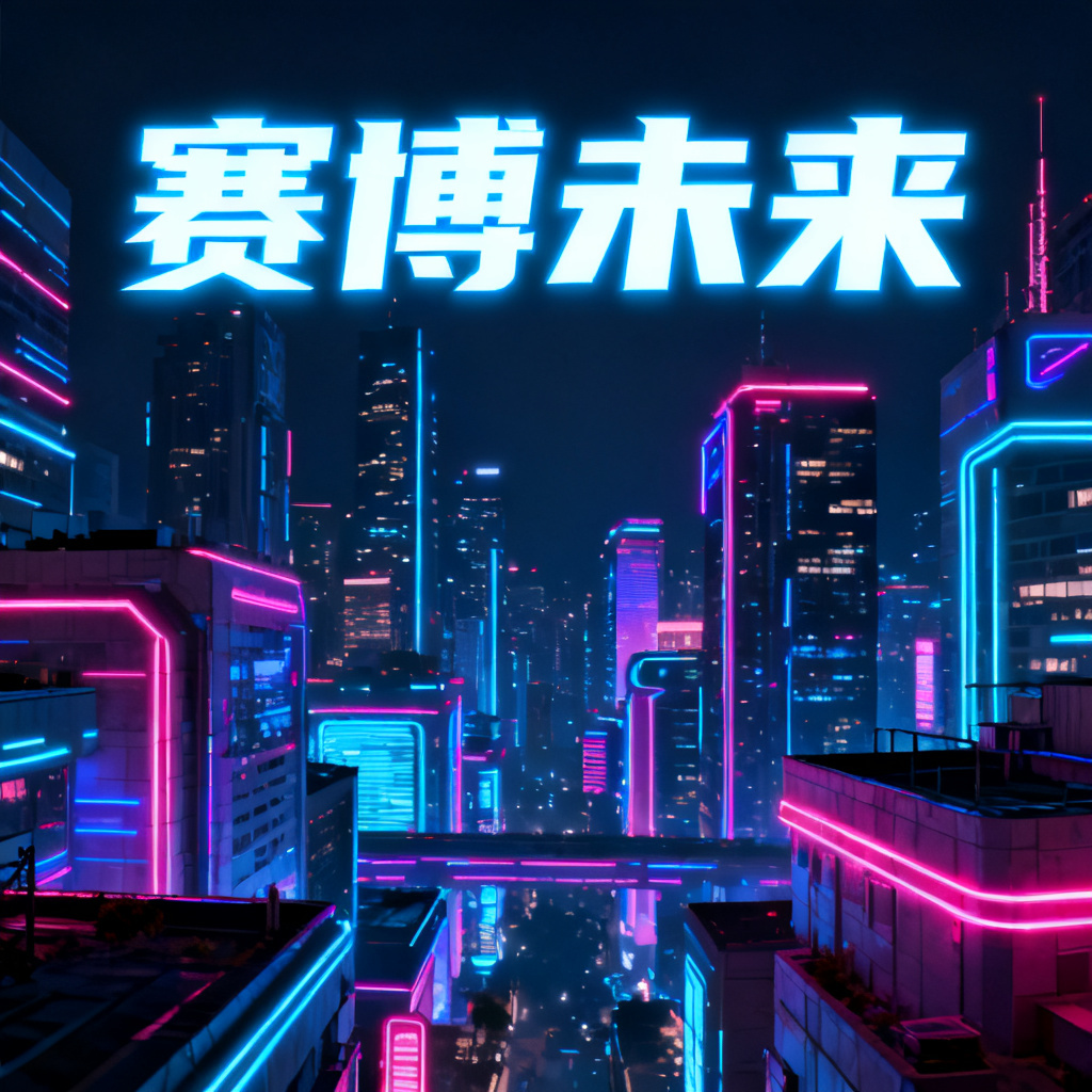 一个赛博朋克风格的城市夜景，霓虹灯闪烁，未来感建筑，高对比度色彩，数字艺术，演示文稿封面