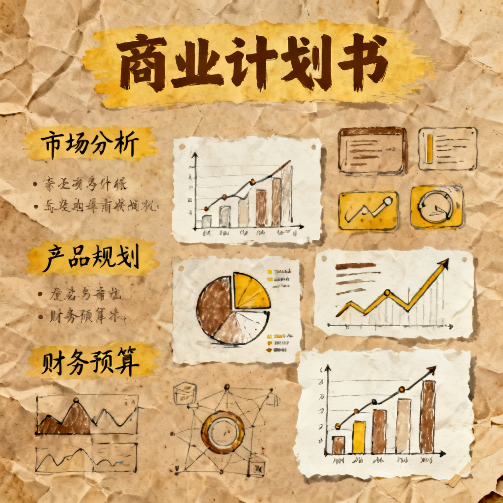 牛皮纸贴画风格的商业计划书PPT，手绘元素与复古质感结合，色彩温暖