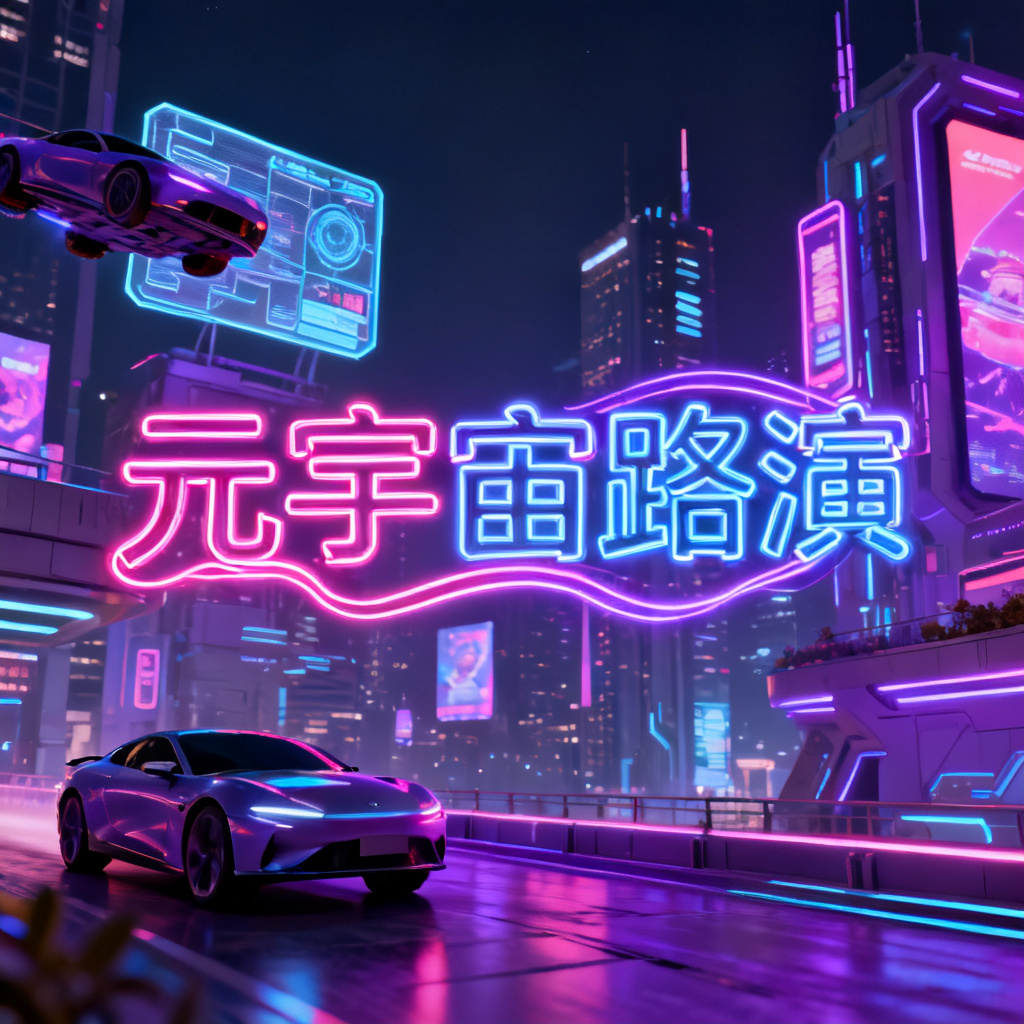 3D赛博朋克风格元宇宙路演PPT封面，霓虹灯管文字，城市夜景背景，高对比度色彩，细节丰富