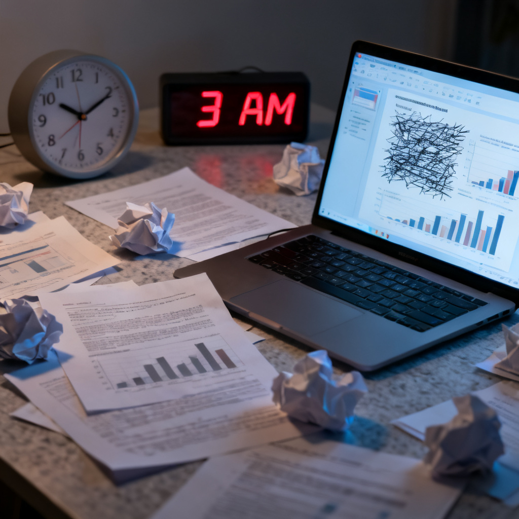 A messy desk with scattered papers, a laptop showing a half-finished PowerPoint slide with chaotic text and data, and a clock showing 3 AM, illustrating the pain of academic PPT creation