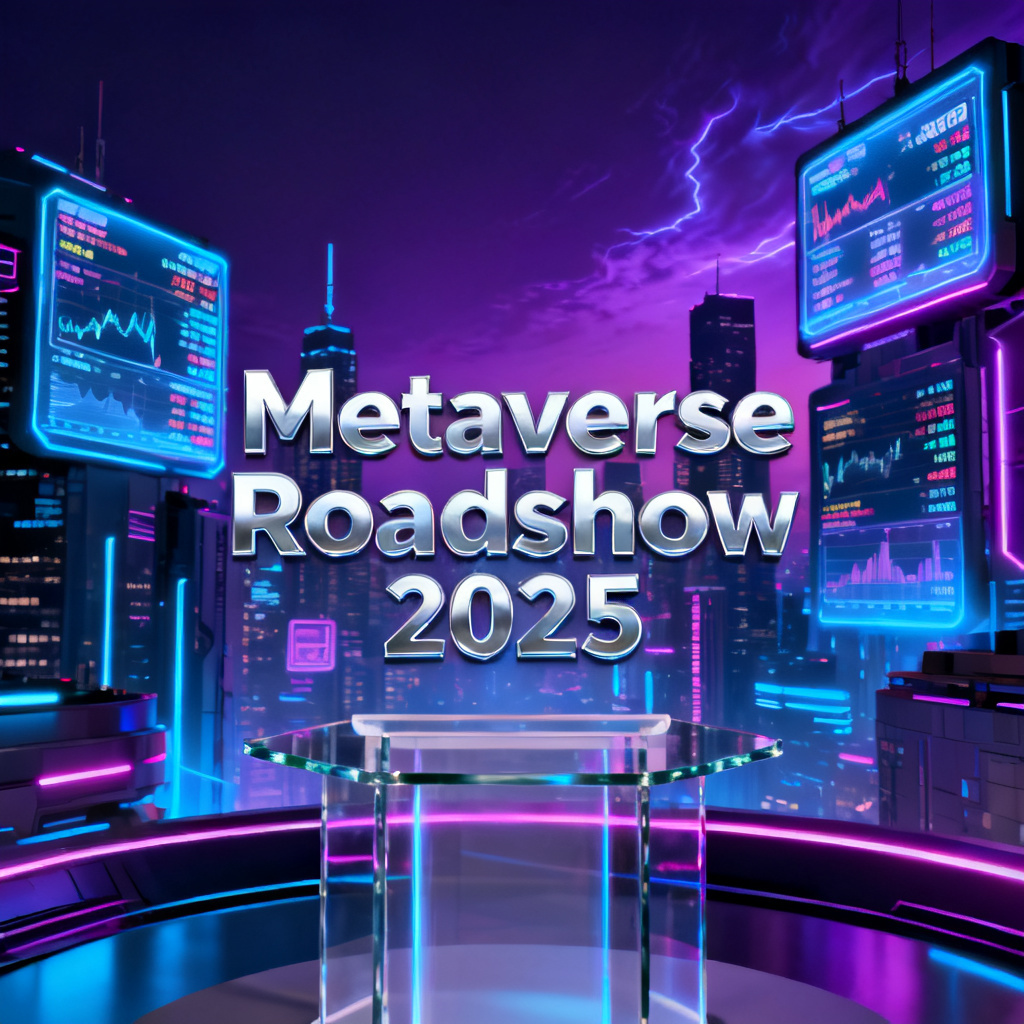 A futuristic cityscape rendered in neon-drenched cyberpunk aesthetic, with holographic billboards displaying financial data, a glass podium in the foreground, and a title slide overlay with the text 'Metaverse Roadshow 2025' in metallic font, all set against a dark purple and electric blue gradient sky