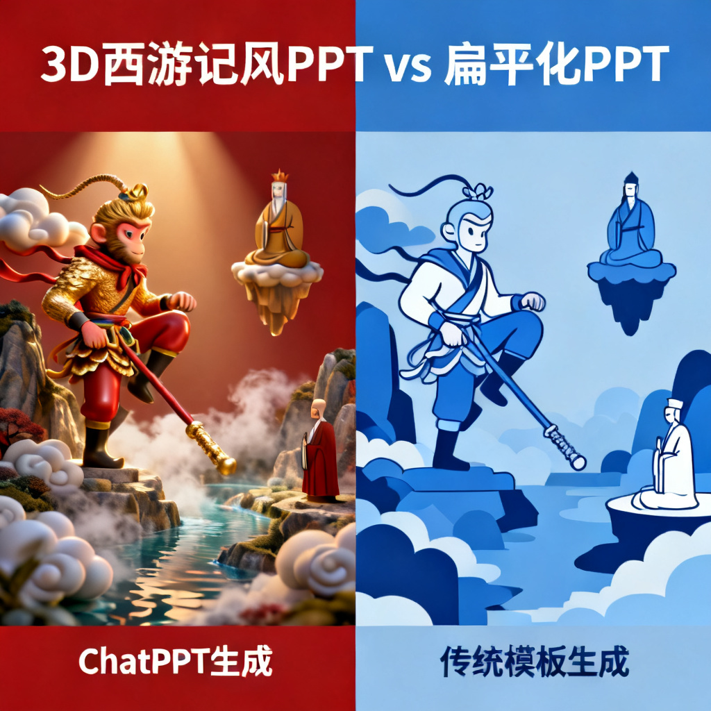 一张对比图,左侧是ChatPPT生成的3D西游记风PPT页面,右侧是传统模板生成的扁平化PPT页面,强调ChatPPT的立体感和艺术性。