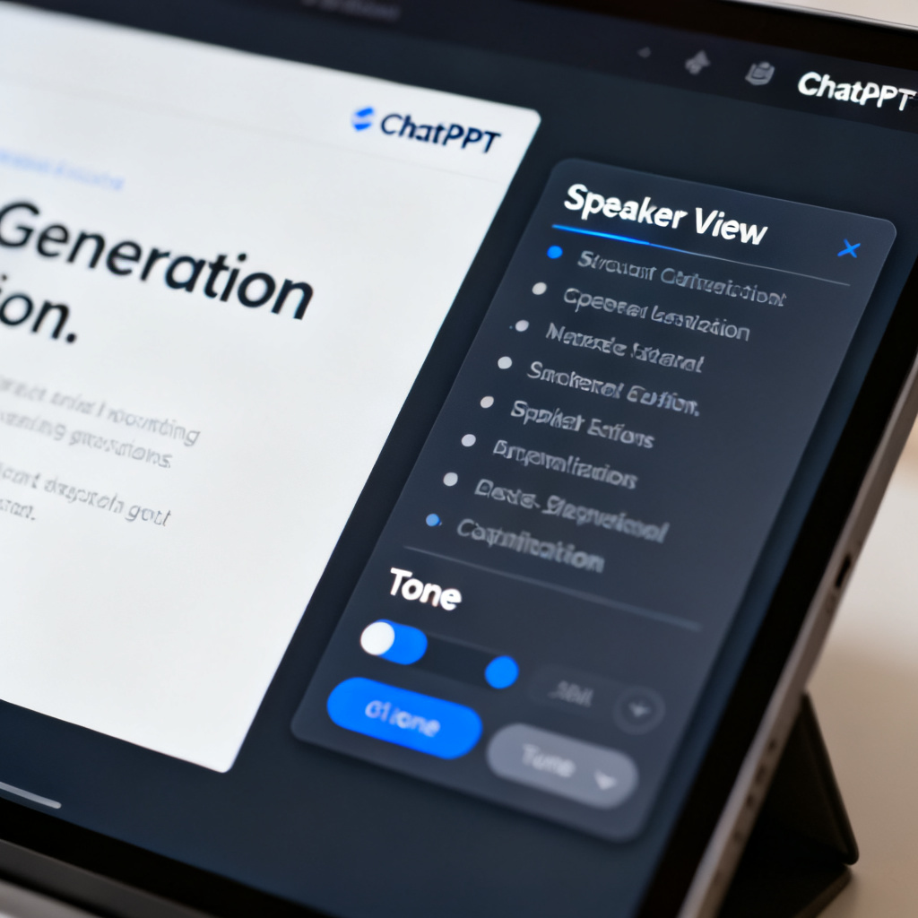 A close-up view of ChatPPT's speech generation interface, showing a slide with a "Speaker View" panel on the right side, featuring structured bullet points and tone customization options, professional UI design, clean layout, high resolution