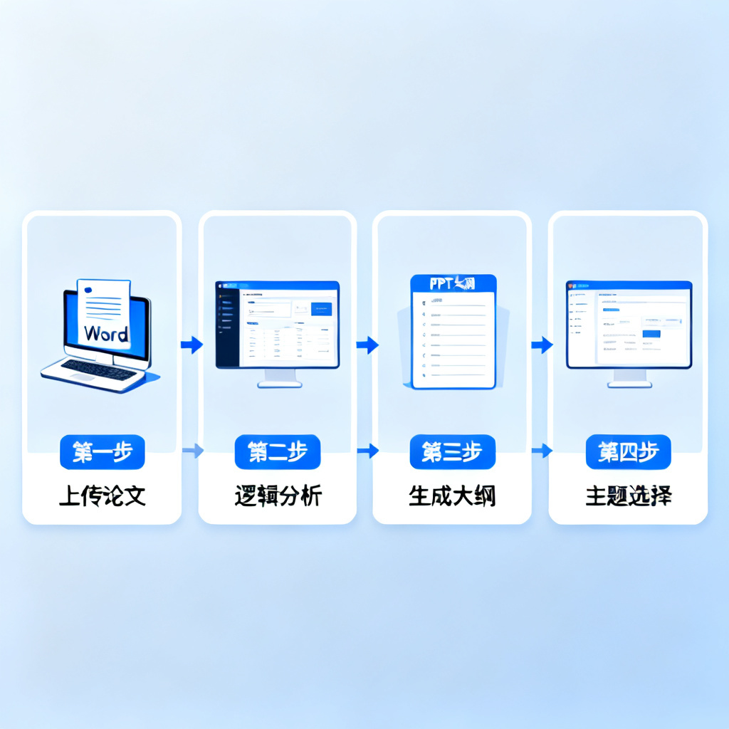 一张流程图，展示从Word文档输入到ChatPPT自动生成论文PPT大纲的过程，步骤包括‘上传论文’、‘逻辑分析’、‘生成大纲’、‘主题选择’，风格简洁专业