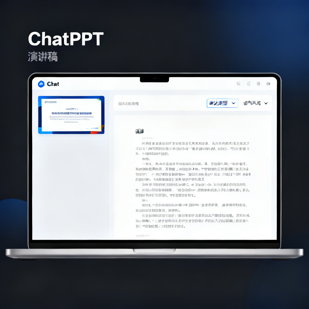一个电脑屏幕显示ChatPPT的演讲稿编辑界面，左侧是PPT缩略图，右侧是演讲稿文本，文本上方有“表达类型”和“语气风格”下拉菜单，界面简洁专业，风格为扁平化设计。
