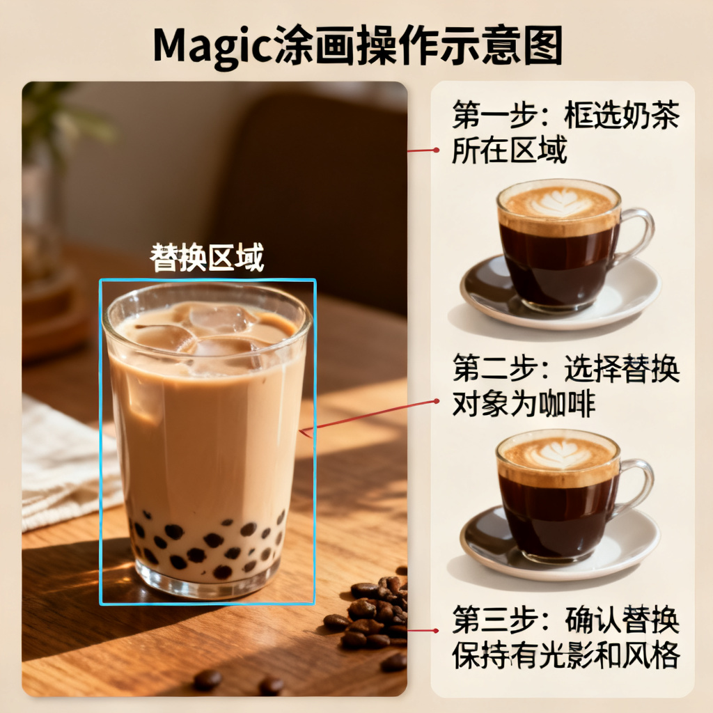 Magic涂画操作示意图,框选区域后将一杯奶茶替换为咖啡,保持原有光影和风格