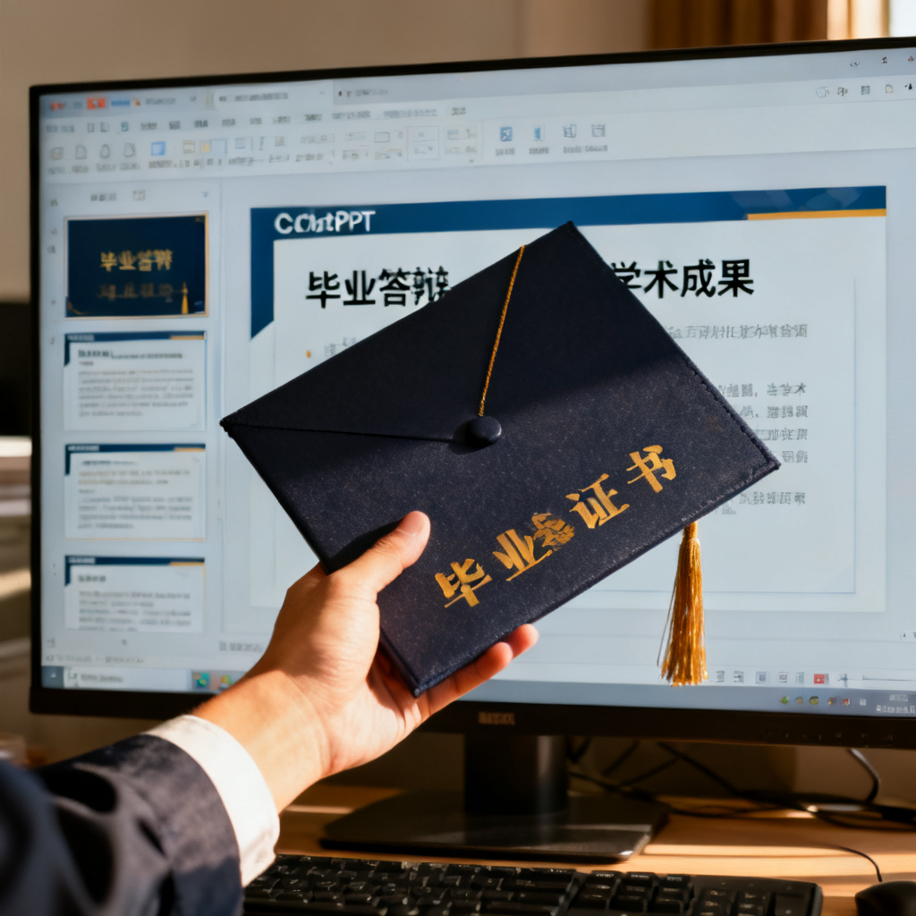 一个成功拿到学位证书的手,背景是电脑屏幕上的ChatPPT界面,象征学术成功,温暖色调,写实风格