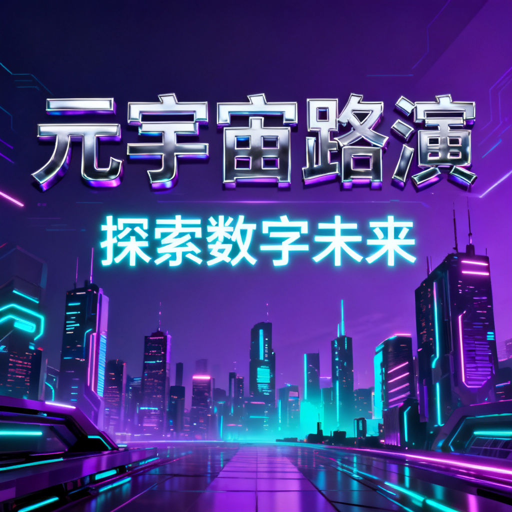 赛博朋克风格的元宇宙路演PPT封面，背景是霓虹闪烁的未来城市天际线，主标题使用金属质感字体，副标题使用发光字体，整体色调以紫色和青色为主，光影对比强烈。