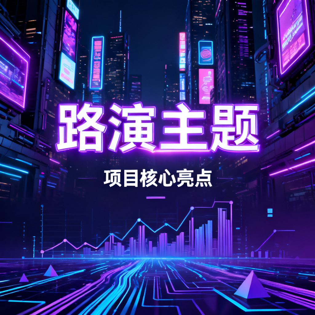 赛博朋克风格的路演PPT封面,背景是霓虹灯闪烁的未来城市,主要标题使用发光字体,副标题下方有科技感的数据图表,整体色调为紫蓝色,细节丰富,充满科技感与未来感