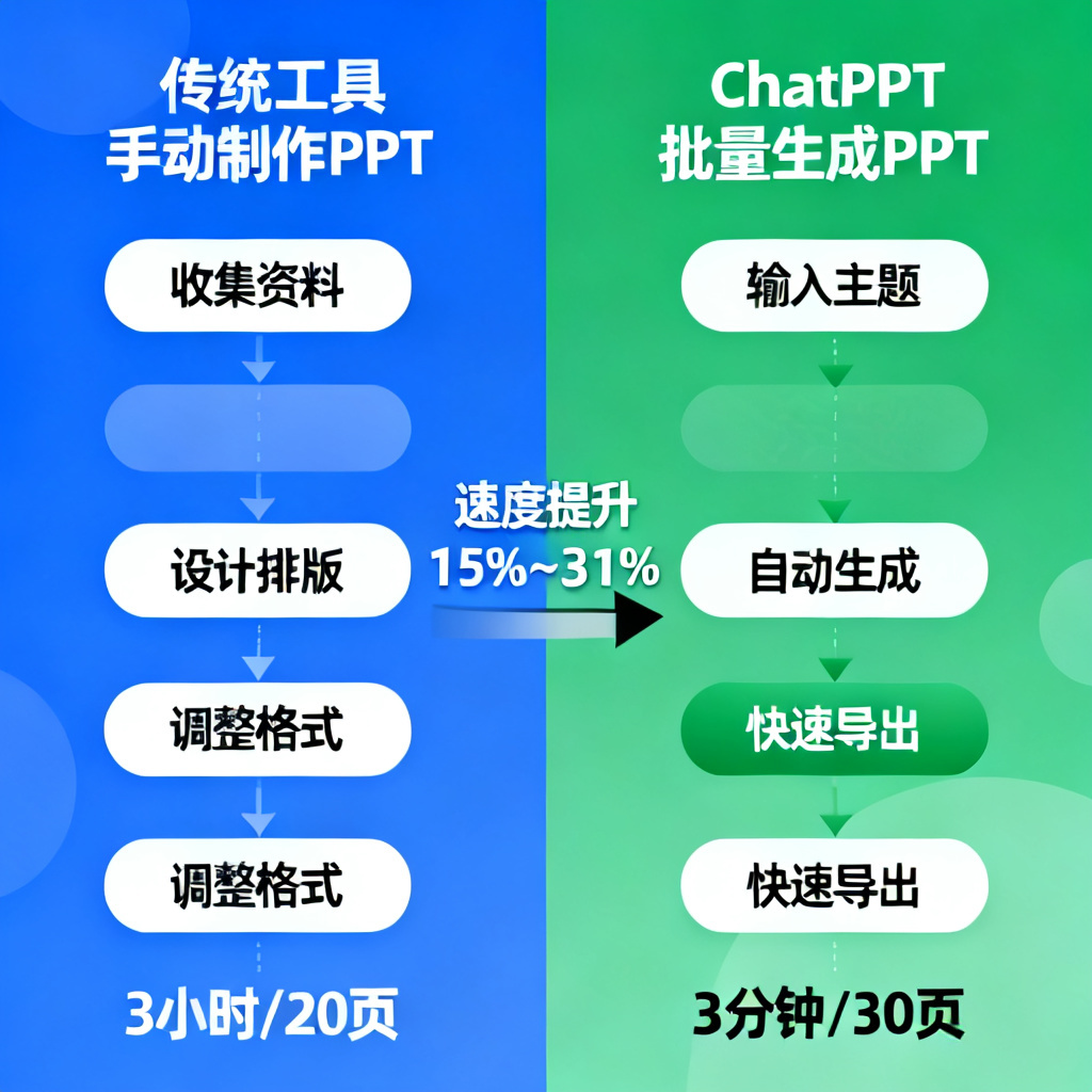 展示ChatPPT批量生成PPT的效率对比:左侧是传统工具手动制作PPT的流程图,标注“3小时/20页”,右侧是ChatPPT的流程图,标注“3分钟/30页”,中间用箭头和“速度提升15%~31%”文字标注,突出效率差异。