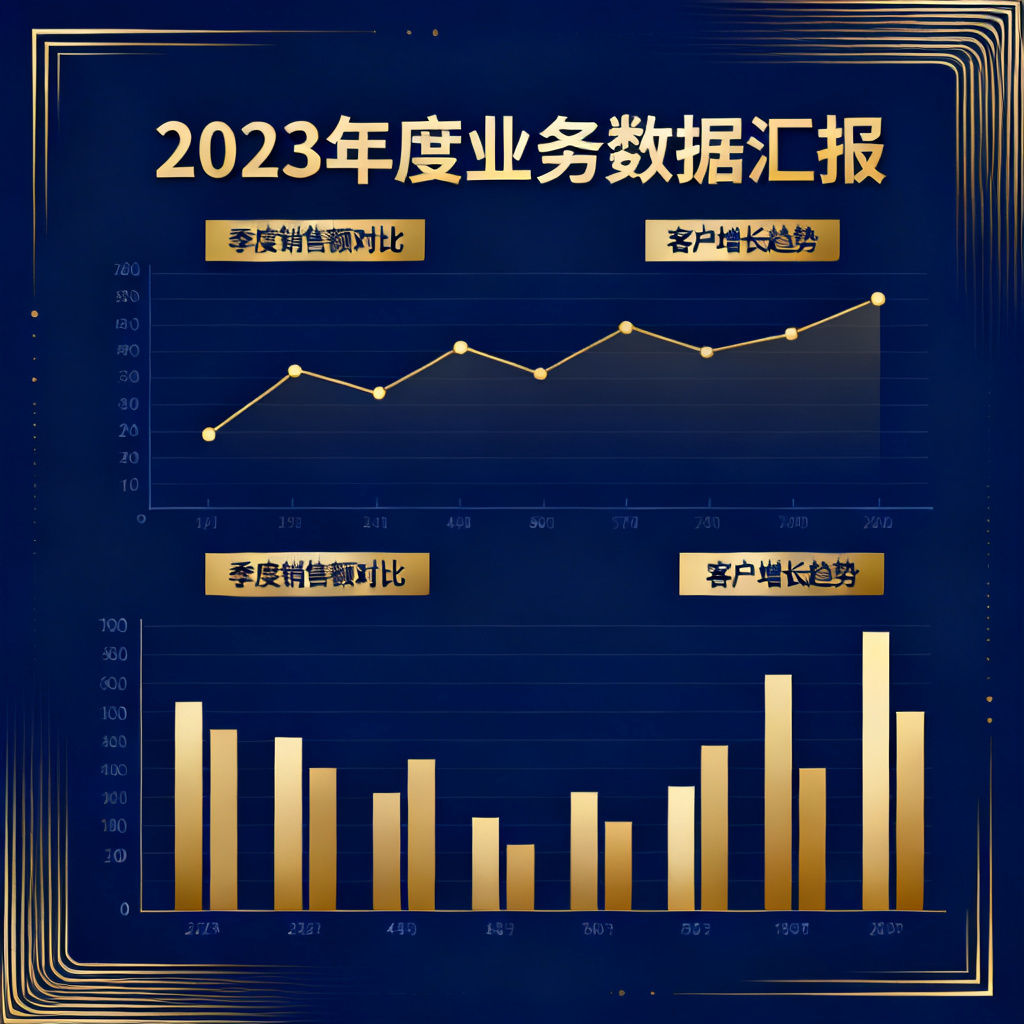 商务数据汇报PPT,深蓝色背景,金色线条,折线图与柱状图,简洁大气,品牌色系