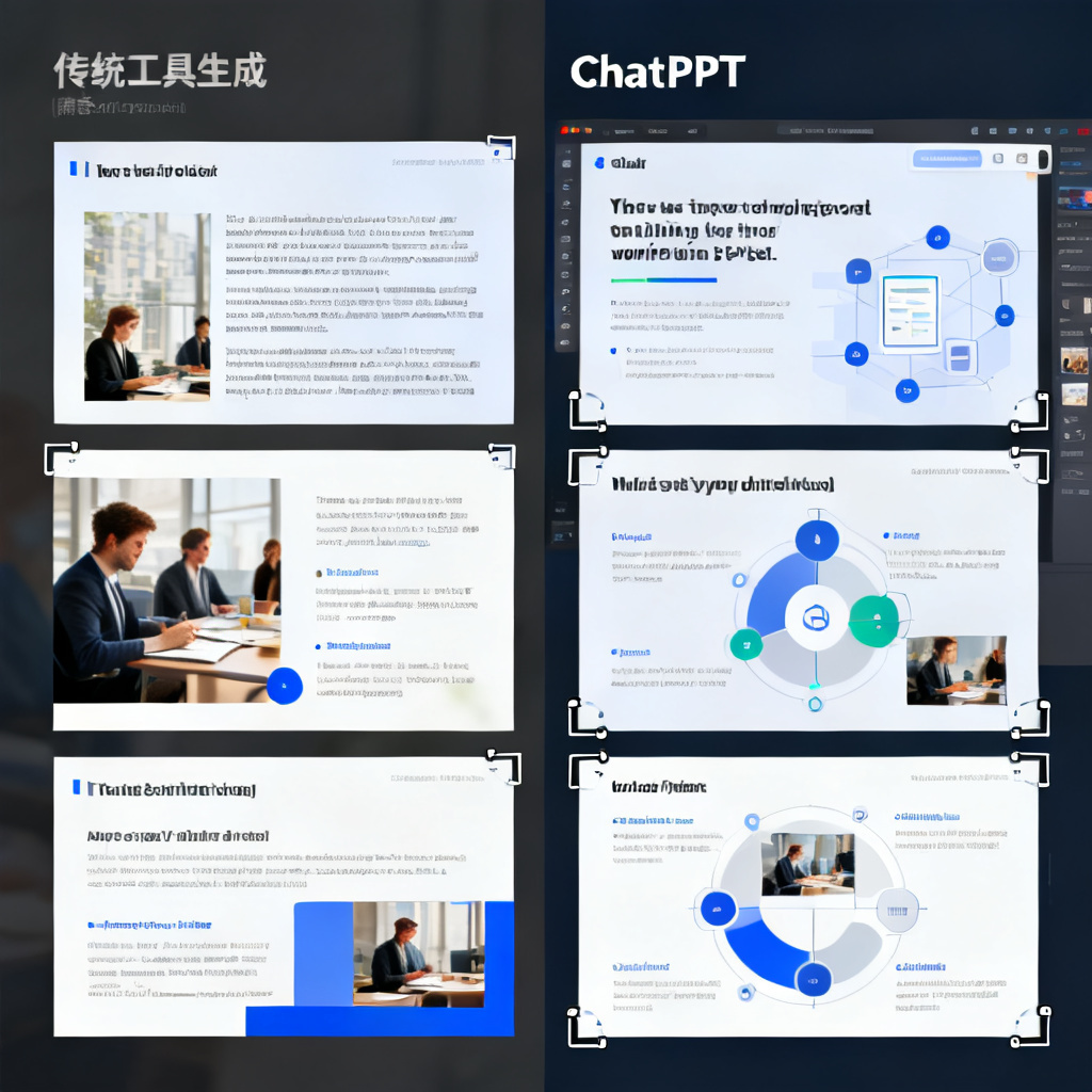 对比图：左侧为传统工具生成的静态PPT页面（扁平化，难以修改，文字为图片格式），右侧为ChatPPT生成的页面，文字、图片、图形均为独立可编辑图层，每个元素周围显示编辑手柄。