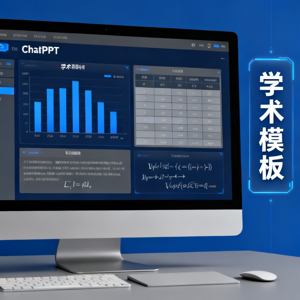 电脑屏幕显示ChatPPT生成的学术PPT，包含规范的柱状图、表格和LaTeX公式，配色为深蓝和灰色，布局清晰严谨，旁边有“学术模板”标签