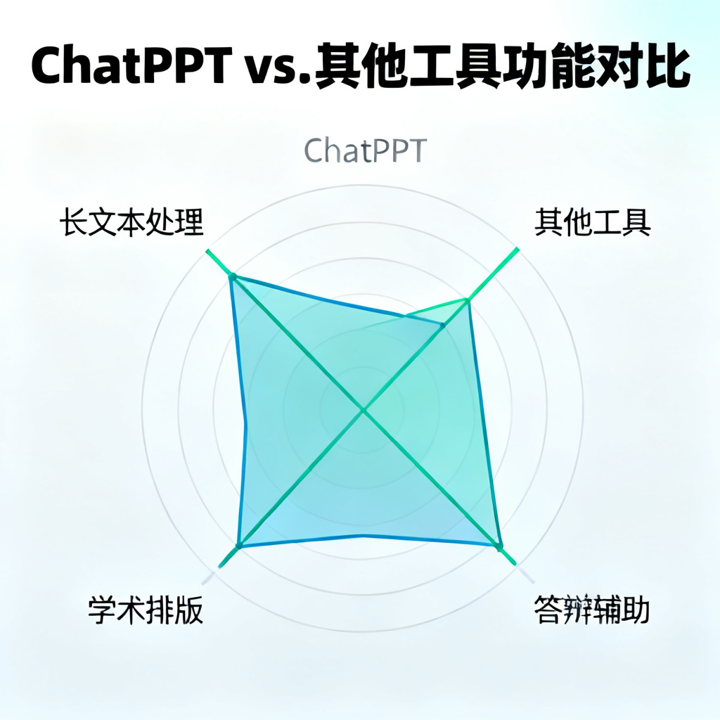 一张信息图,展示ChatPPT vs. 其他工具在“长文本处理”、“学术排版”、“答辩辅助”三个维度的对比雷达图,ChatPPT全维度领先,其他工具在“答辩辅助”维度几乎为零。