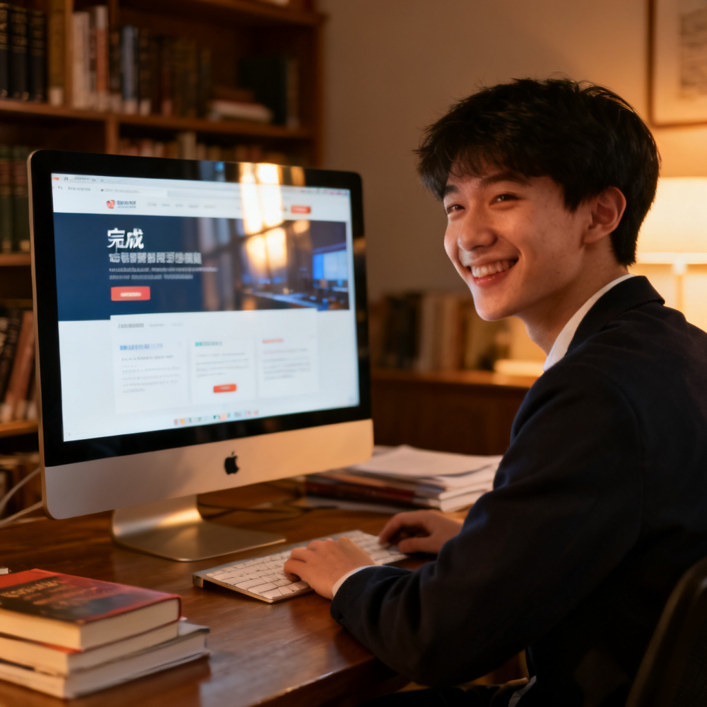 一位学生或职场人士在电脑前使用ChatPPT,屏幕上显示完成的路演页面,表情满意,背景为书房或办公室