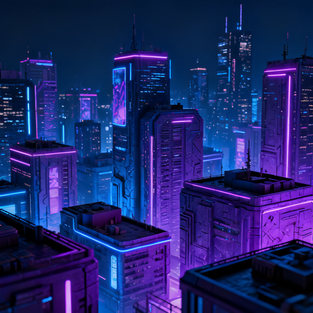 赛博朋克风格，霓虹灯城市夜景，3D立体质感，深蓝色与紫色主色调，细节丰富的建筑纹理，电影级光影效果，高对比度，充满未来科技感