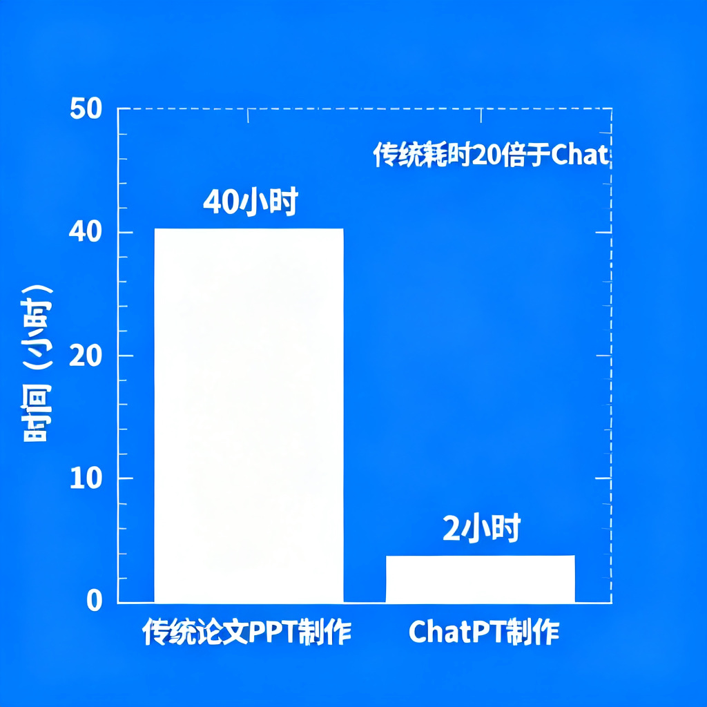 一张数据图表，显示传统论文PPT制作时间（40小时）与ChatPPT制作时间（2小时）的对比，风格为专业学术报告，蓝色背景，白色字体，简洁清晰，带有刻度线和百分比标注。
