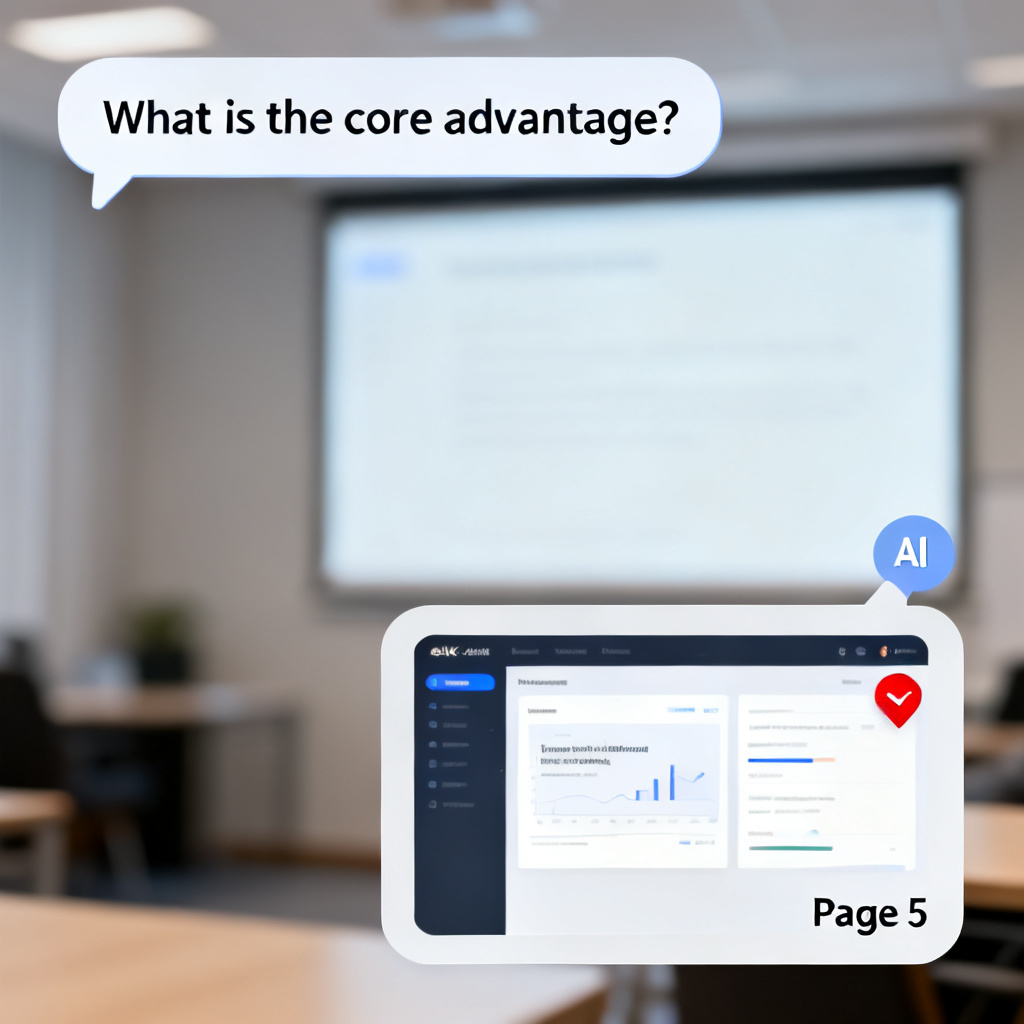A dashboard interface showing an AI chat interaction with a user asking 'What is the core advantage?' and the AI response highlighting a specific slide with a source marker 'Page 5'. The background shows a blurred presentation room. Style: clean UI, professional, data-driven, 4K.