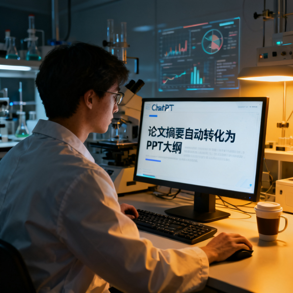 一个博士生在深夜使用ChatPPT，电脑屏幕显示论文摘要自动转化为PPT大纲，背景是实验室设备和图表，光线柔和