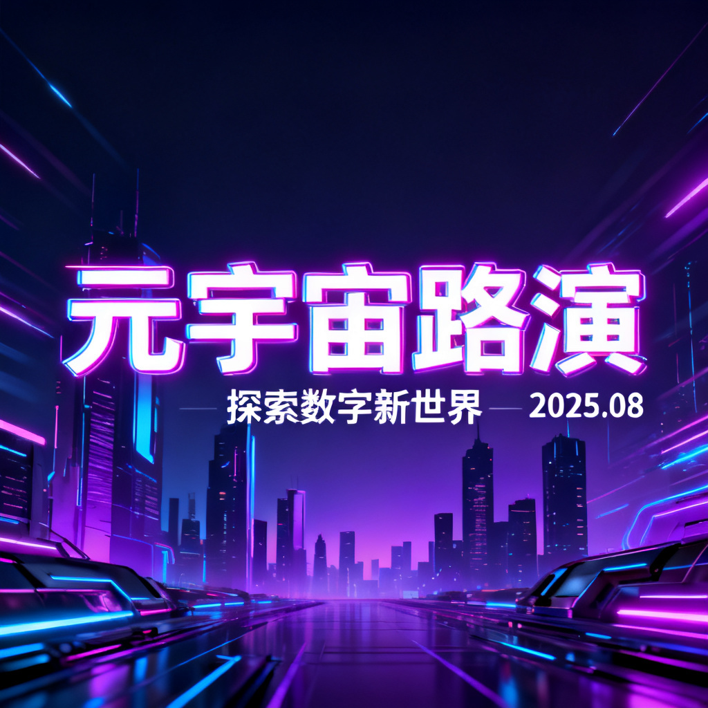 赛博朋克风格元宇宙路演PPT封面，霓虹灯光，科技感，未来城市剪影