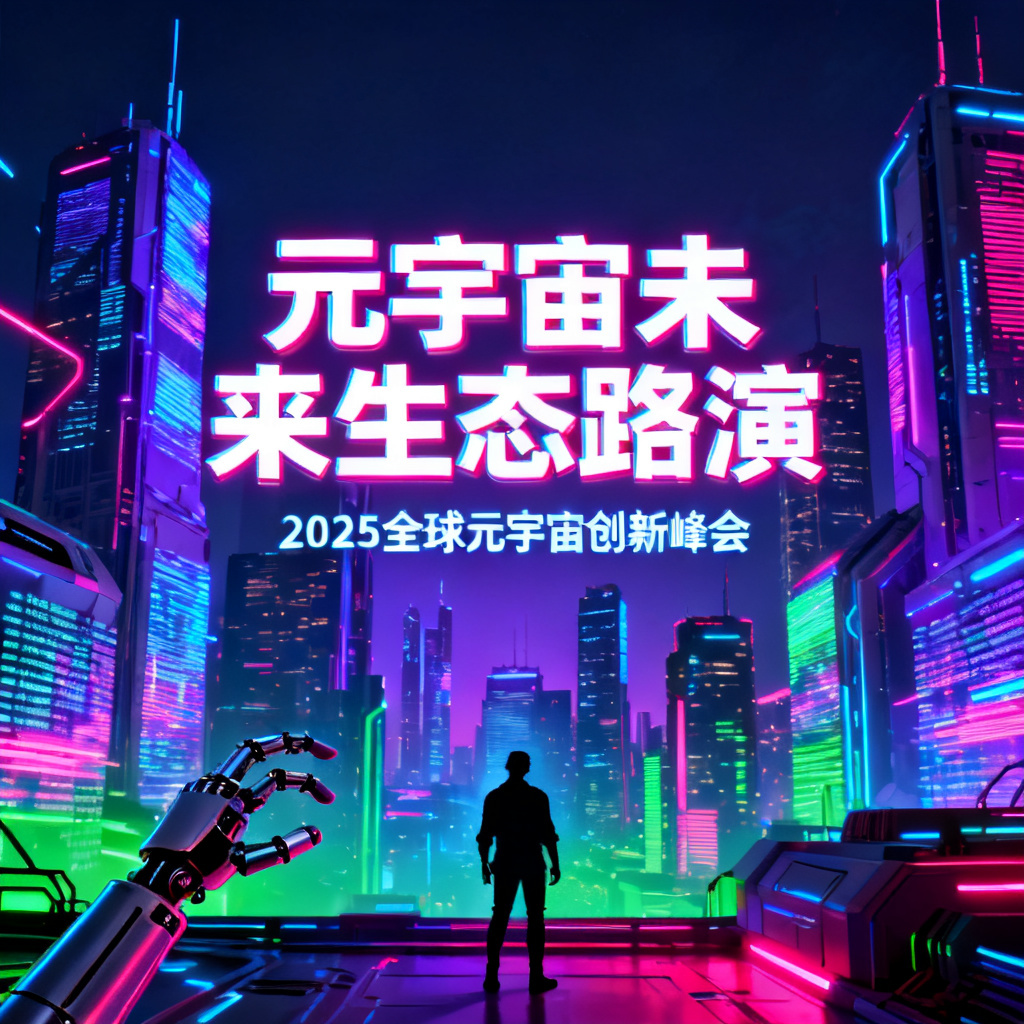 赛博朋克风格元宇宙路演PPT,霓虹灯色彩,未来感城市天际线,数据流光影效果,机械义肢人物剪影